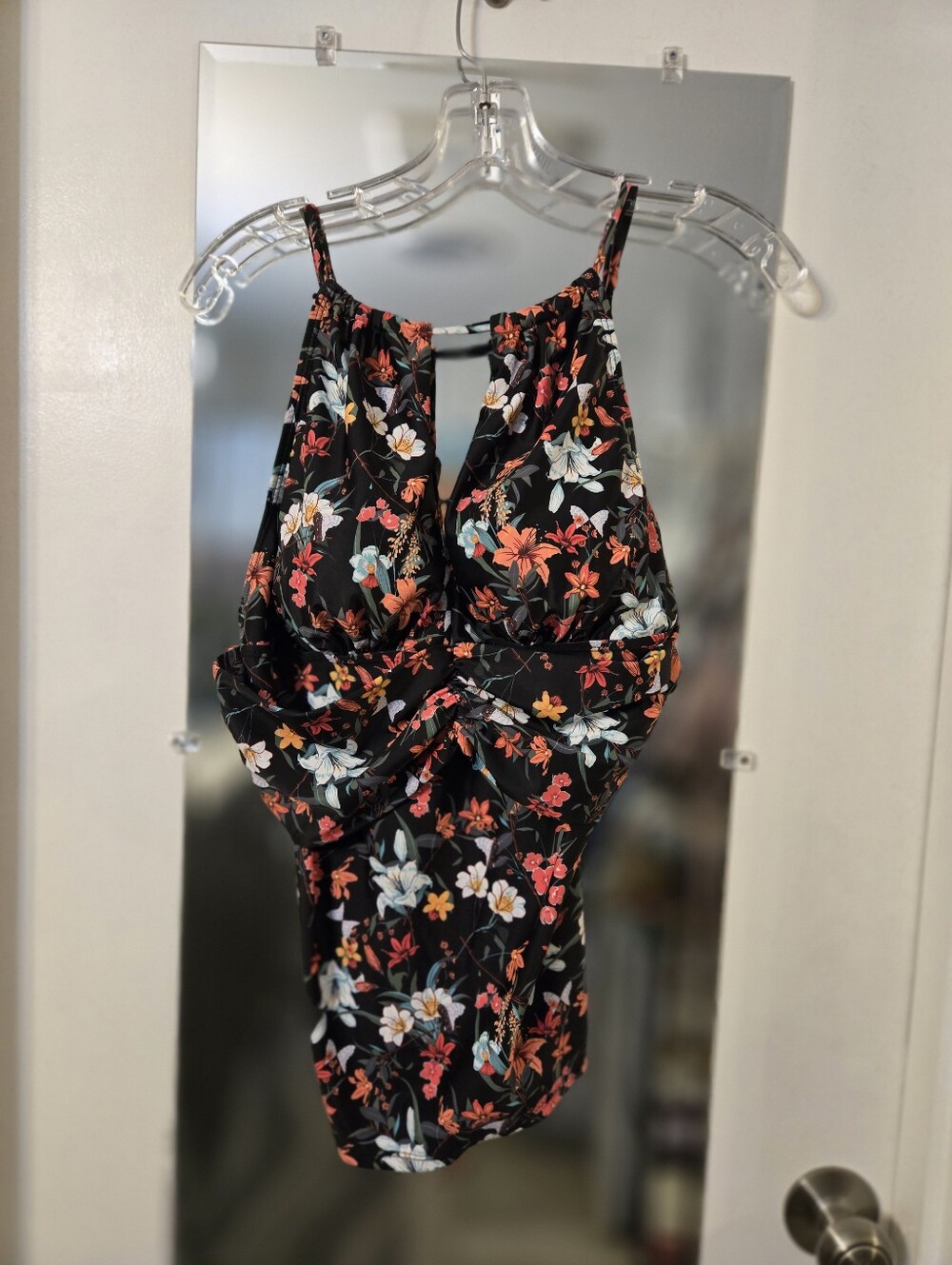 Black Floral Twist-Front Tankini Top